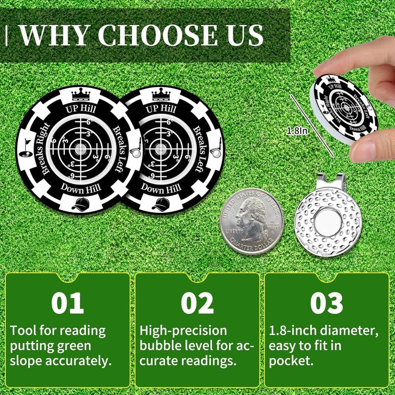 DESELL Golf Green Reader, 2 Pack Golf Ball Marker Hat Clip with High Precision Horizontal Bubble, Putting Training Aid Golf Accessories Tool Gift for Men Women - Image 4